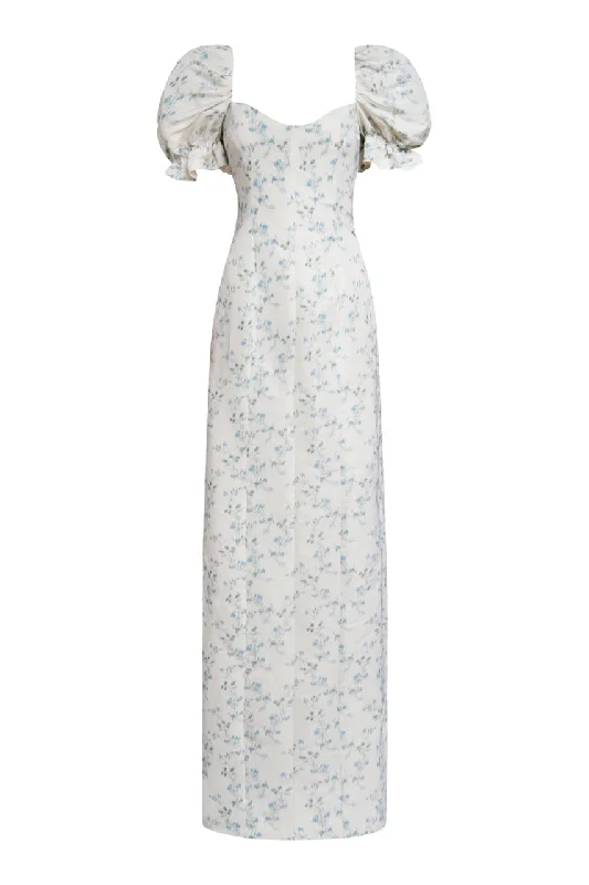 Extra Discounts OTM Exclusive: Isidore Blue Bow Floral Ikat Puff Sleeve Column Gown Extra Discounts OTM Exclusive: Isidore Blue Bow Floral Ikat Puff Sleeve Column Gown