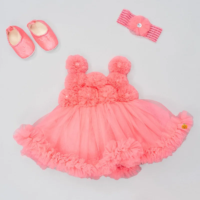 Price Buster Tomato & Yellow Floral Baby Frock