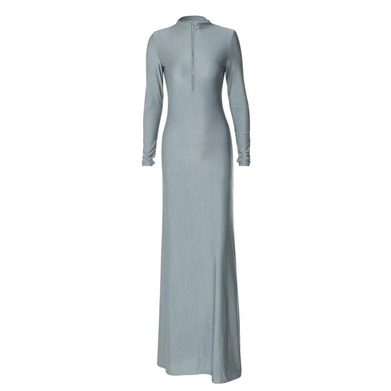 Limited Edition BerryBetty - High neck long sleeve zip-up solid maxi dress