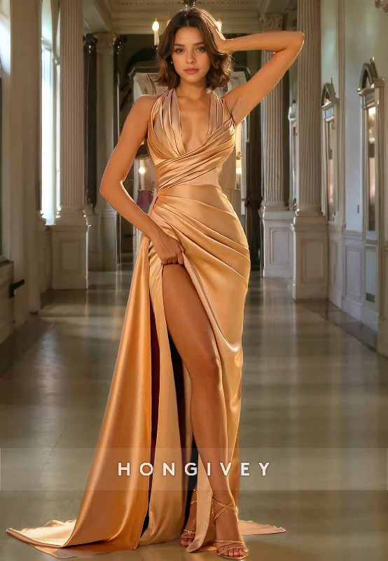 Value Deals L0929 - Sexy Gold V-Neck Halter With Train And High Slit Evening Party Prom Dress Value Deals L0929 - Sexy Gold V-Neck Halter With Train And High Slit Evening Party Prom Dress