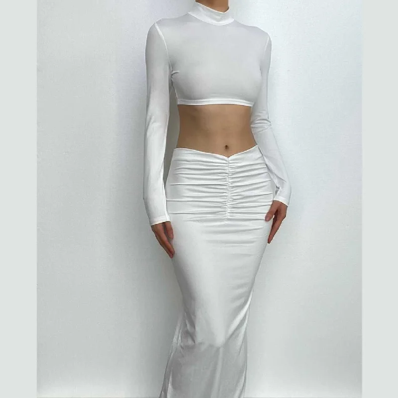 Limited Stock BerryBetty - High neck long sleeve ruched solid maxi skirt set