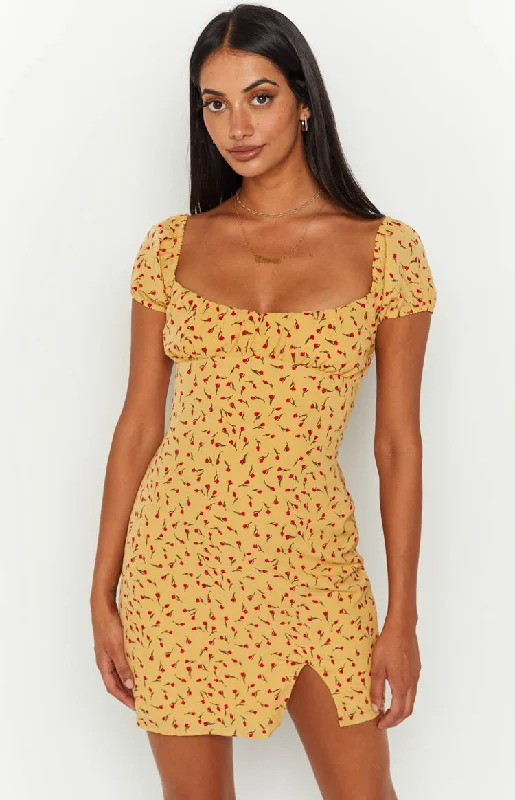 Stock Clearance Love & Lust Yellow Floral Cap Sleeve Mini Dress