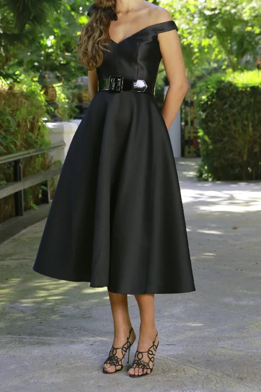 Limited Quantity Off-The-Shoulder Circle Skirt Dress in Black with Matching Cord Belt