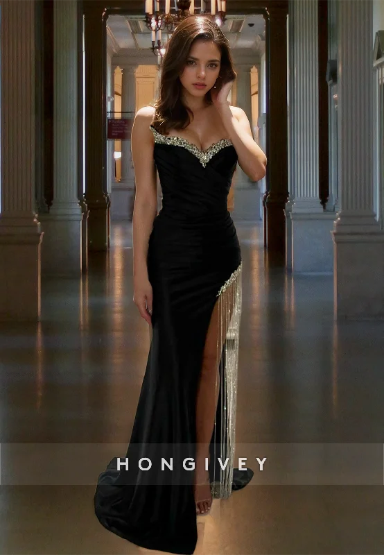 Clearance Sale Tassel Sweetheart Graceful Black Prom Dress Strapless Velour Floor Length Party Dresses Clearance Sale Tassel Sweetheart Graceful Black Prom Dress Strapless Velour Floor Length Party Dresses