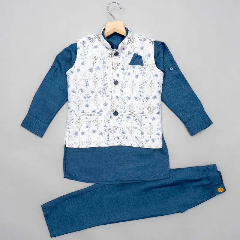 Can't Be Beat White Jacket with Blue Boys Kurta Pajama