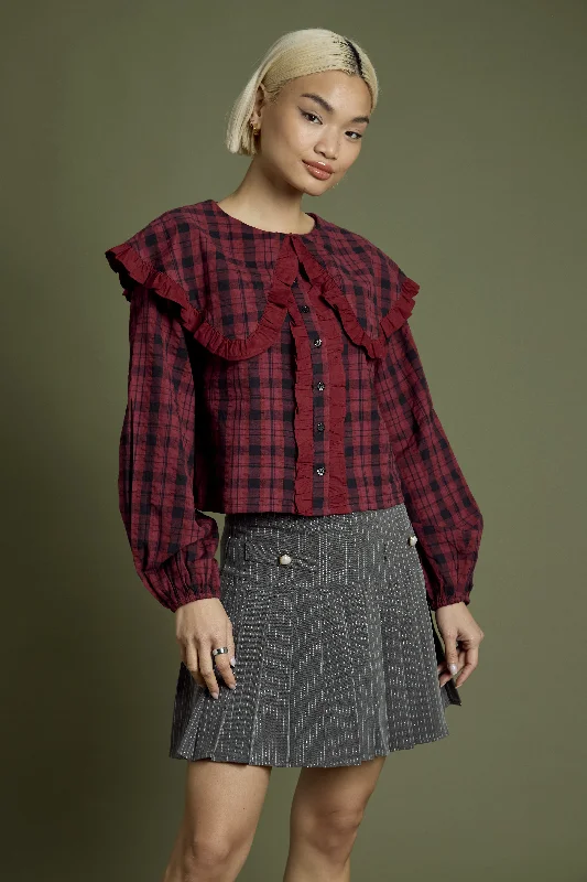 Deal of the Day Taylor Oversized Collar Burgundy Tartan Blouse