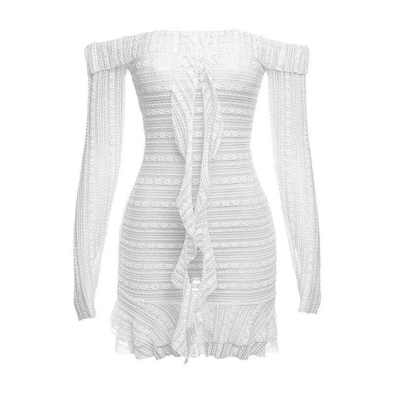 Act Now BerryBetty - Lace see through off shoulder ruffle long sleeve solid mini dress