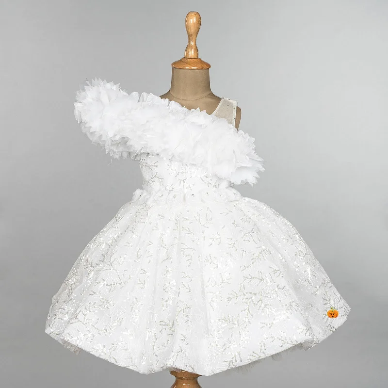 Crazy Deals White Frill Sequin Girls Frock