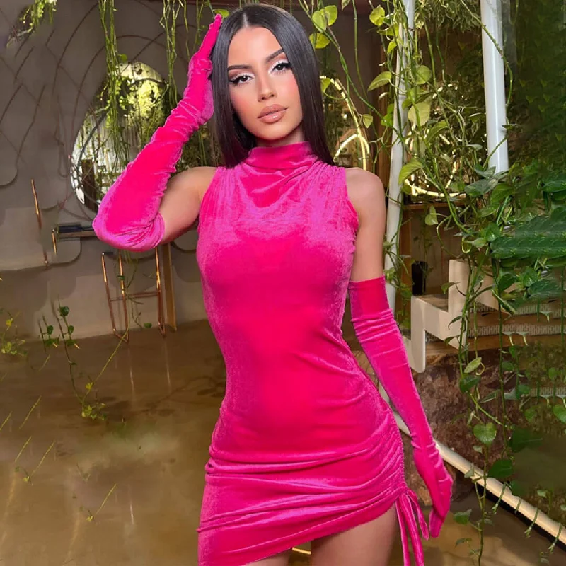 Online Specials BerryBetty - High Neck Ruched Bodycon Party Mini Dress - Hot Pink