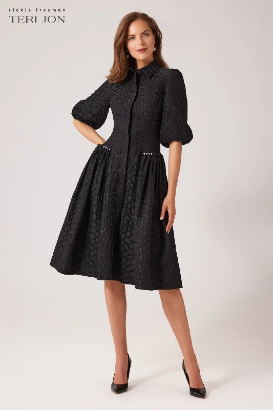 Year-End Sale Tonal Jacquard Pearl Trim Puff Sleeve Shirt Dress