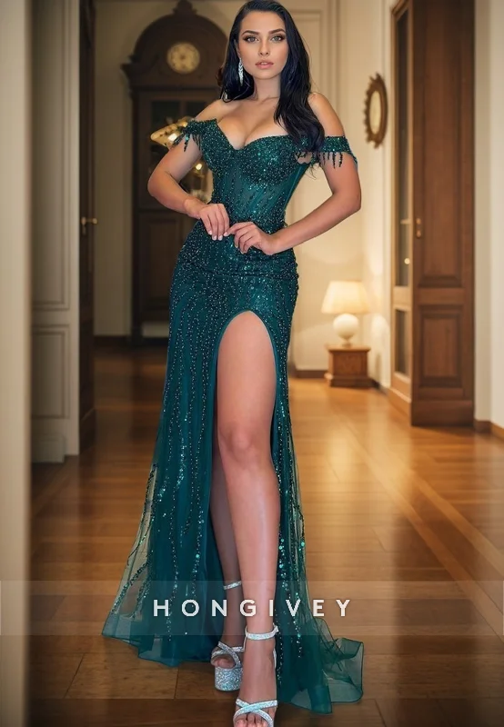 Seasonal Sale L2957 - Chic Trumpet Off-Shoulder Beaded With Side Slit  Prom Dress