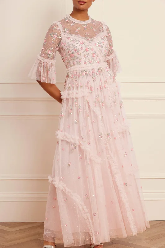 YEAR-End Sale Shimmer Ditsy Long Sleeve Gown
