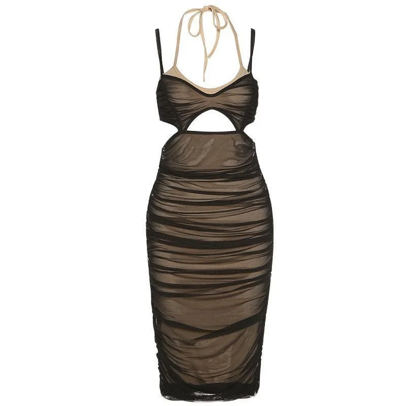 Great Bargains BerryBetty - Hollow out halter ruched mesh midi dress