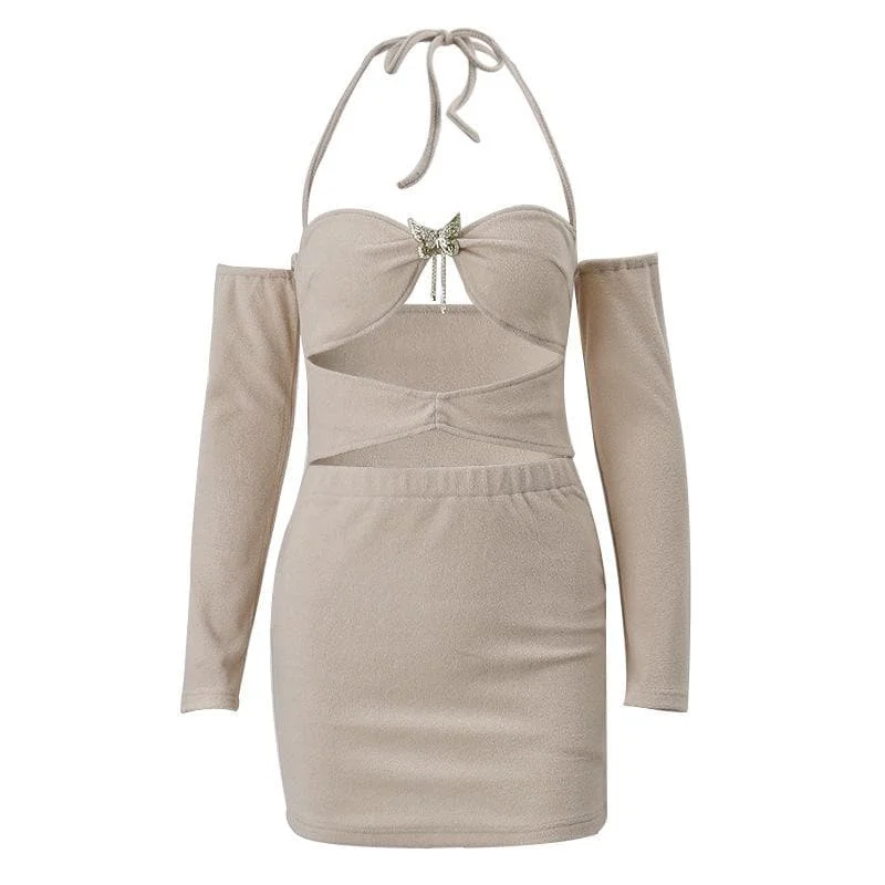 Seasonal Sale BerryBetty - Hollow out halter solid long sleeve backless butterfly applique mini dress