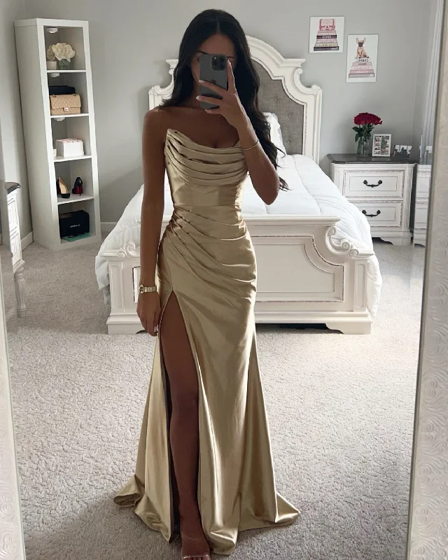 Great Deals CHAMPAGNE GOLD ASYMMETRICAL SATIN GOWN