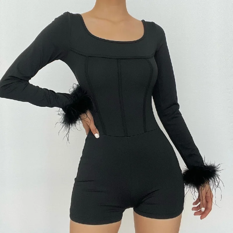 Price Slash BerryBetty - Feather corset long sleeve backless solid romper