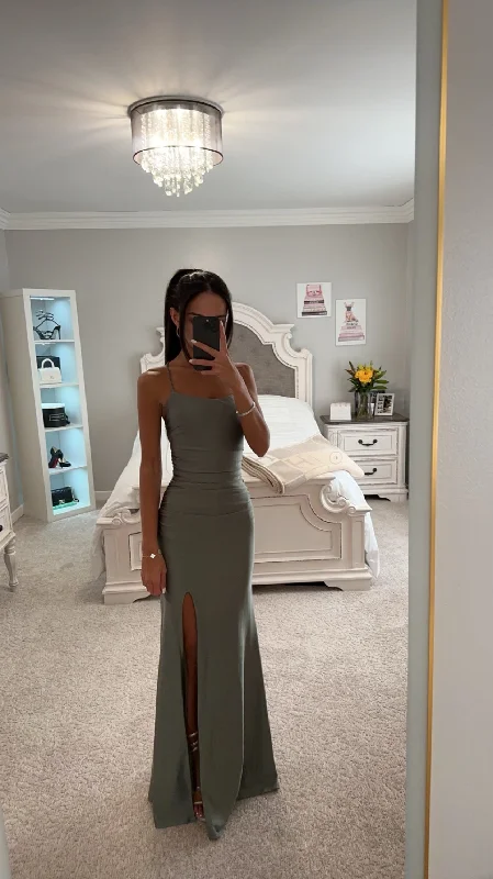 Bargain Blast RUST OLIVE SATIN LACE BACK GOWN