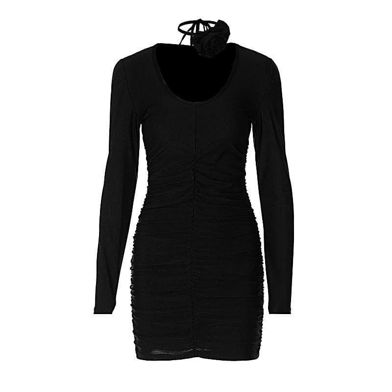 Lowest Prices BerryBetty - Ruched long sleeve flower applique u neck solid mini dress