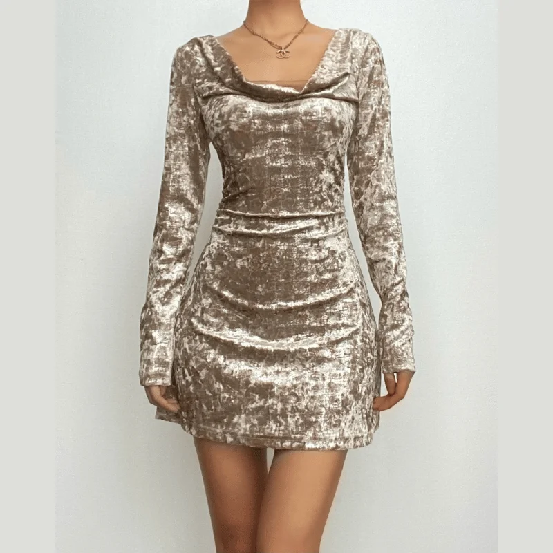 Weekend Flash Sale BerryBetty - Solid velvet cowl neck hollow out long sleeve mini dress