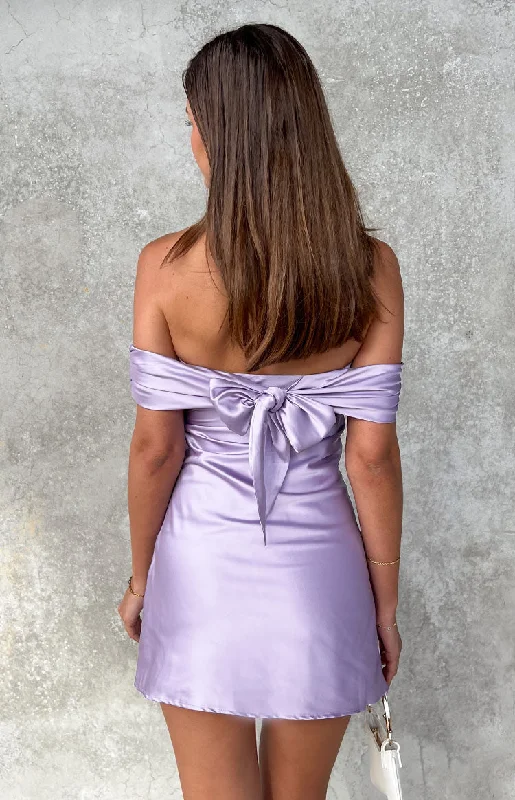 Huge Discounts Primrose Purple Satin Off the Shoulder Mini Dress