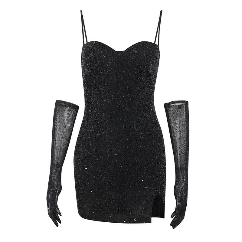 Act Now BerryBetty - Gloves solid beaded slit sweetheart neck cami mini dress