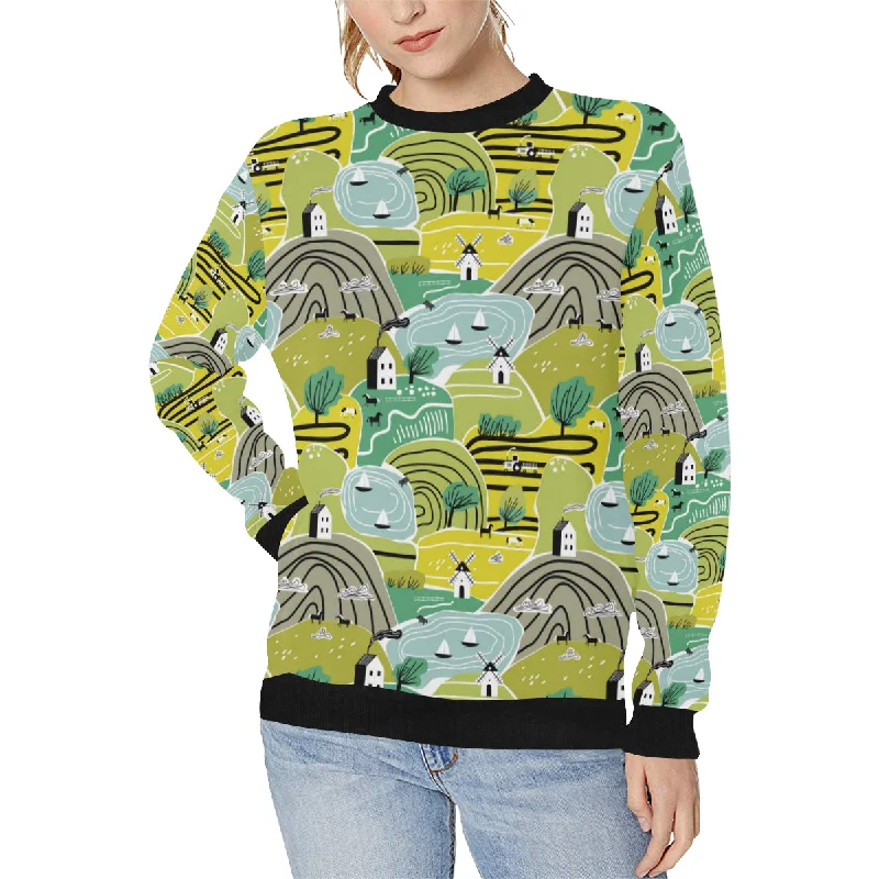 Hand drawn windmill pattern Women's Crew Neck Sweatshirt