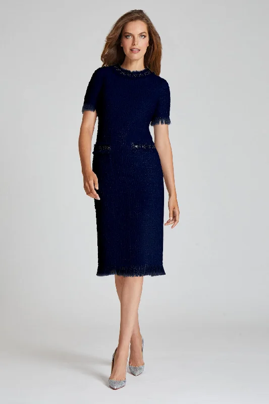 Holiday Sale Tweed Fringe Bead Trim Pocket Dress
