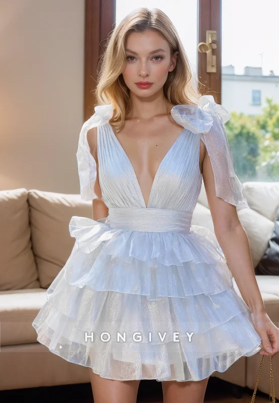 Weekend Deal Tulle A-Line V-Neck Bowknot Spaghetti Straps Tiered Party/Homecoming Dress Weekend Deal Tulle A-Line V-Neck Bowknot Spaghetti Straps Tiered Party/Homecoming Dress