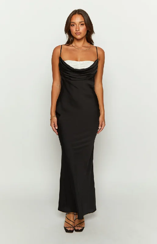 Unmissable Offer Evelyn Lace Detail Black Satin Maxi Dress