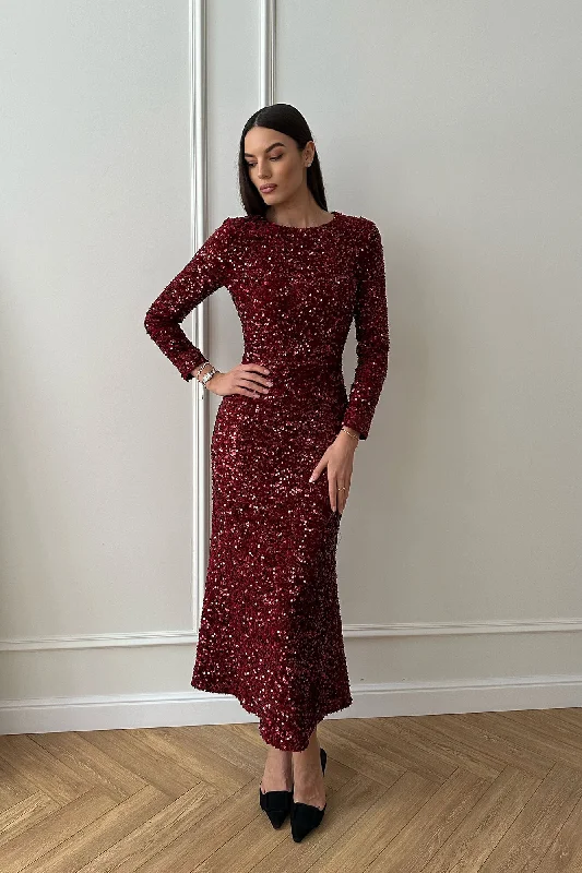 Daily Specials Sequin Decorated Velvet Long Sleeve Midi Dress