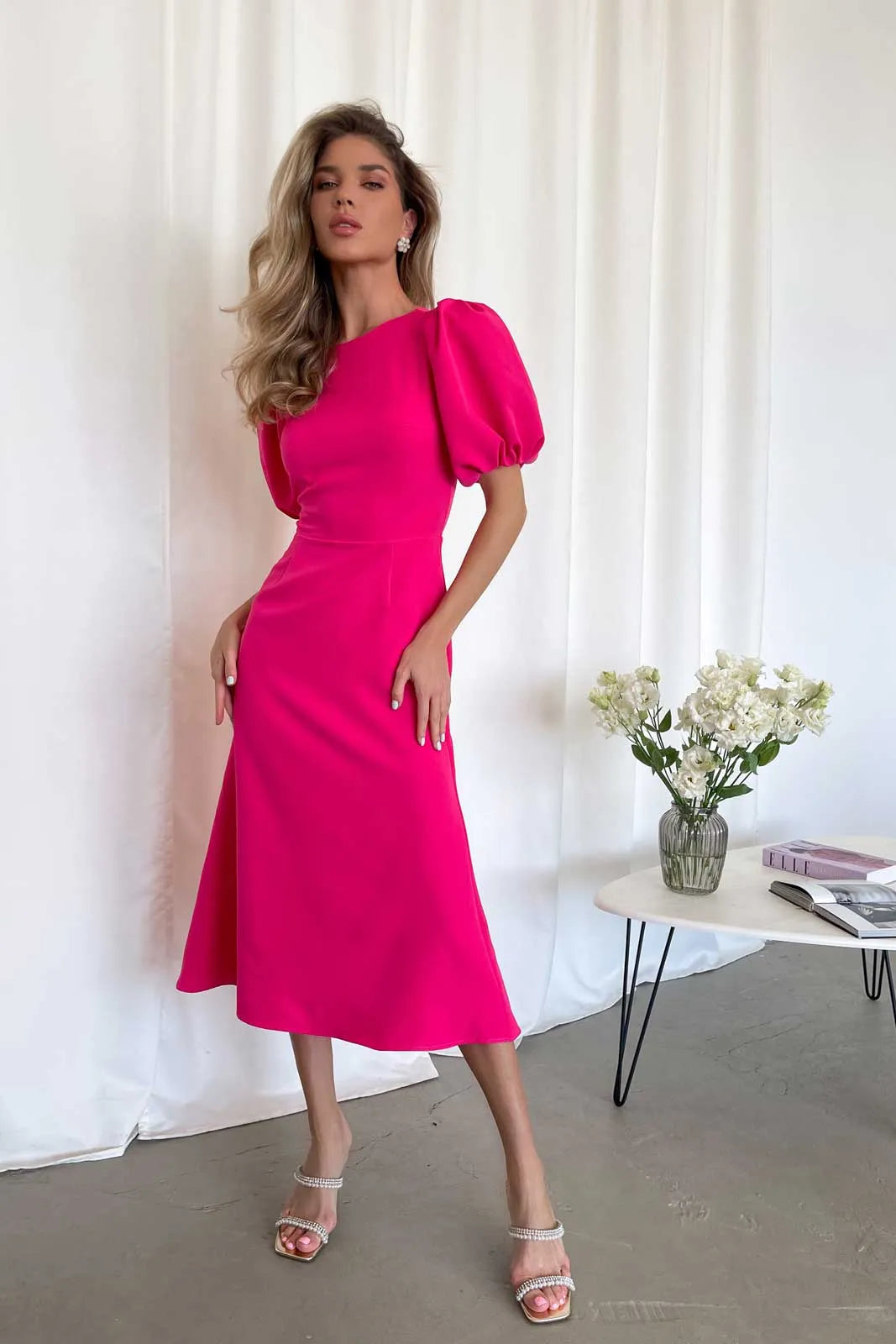 Bargain Prices Godet Silhouette Puff Sleeve Midi Dress