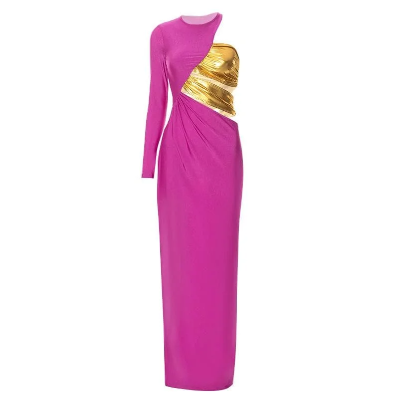 YEAR-End Clearance BerryBetty - One shoulder ruched contrast long sleeve metallic maxi dress
