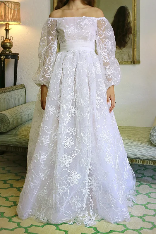 Clearance Sale Off-The-Shoulder Full Sleeve Embroidered Organza Gown with Pearl Raffia Clearance Sale Off-The-Shoulder Full Sleeve Embroidered Organza Gown with Pearl Raffia