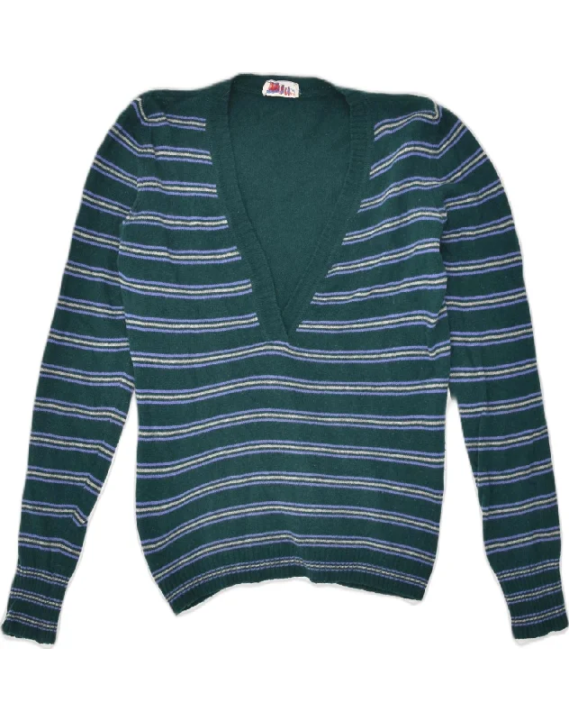 VINTAGE Womens V-Neck Jumper Sweater IT 46 Large Green Striped