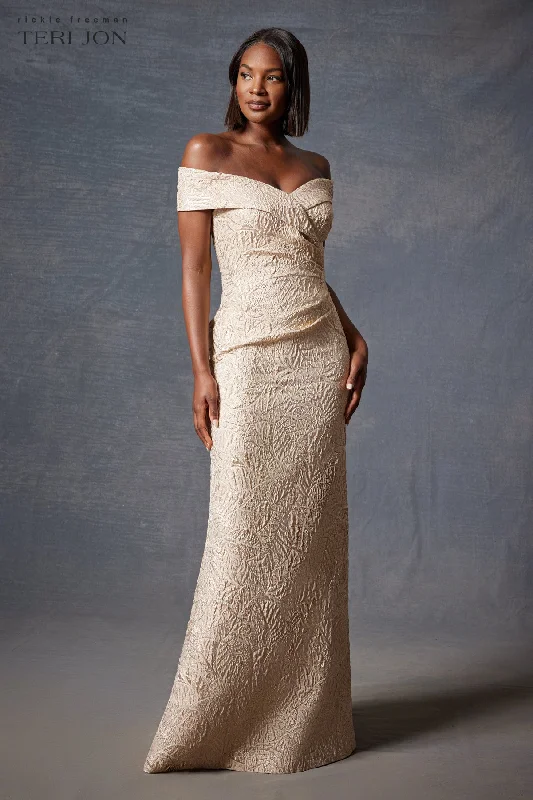 Factory Direct Sale Metallic Jacquard Portrait Collar Side Drape Gown
