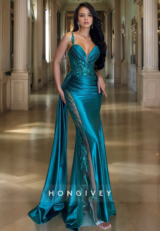Price Reduction L1495 - Sexy Illusion Satin Fitted Sweetheart Spaghetti Straps Empire Ruched With Train Party Prom Evening Dress