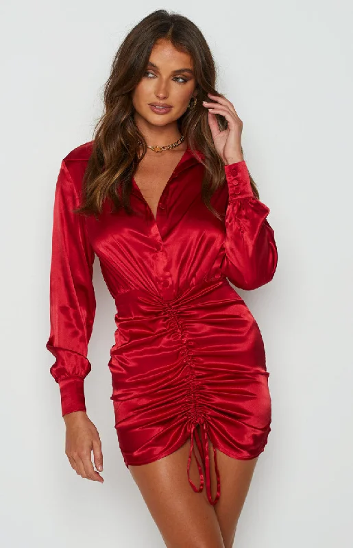Limited Availability Lover Satin Shirt Dress Red