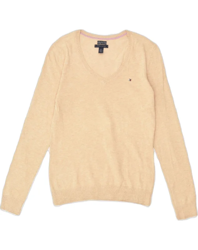 TOMMY HILFIGER Womens V-Neck Jumper Sweater UK 10 Small Beige Cotton