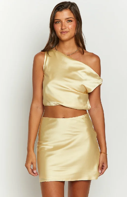 Loyalty Reward Scotlyn Yellow Satin Off The Shoulder Crop Top
