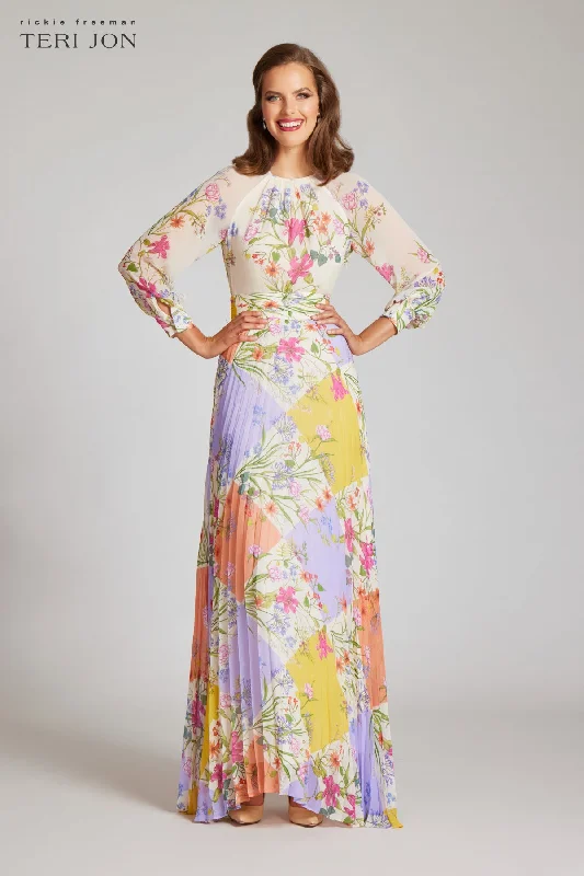 Deal Explosion Chiffon Patchwork Floral Print Pleated Maxi Dress
