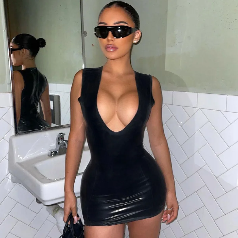 Quick Sale BerryBetty - Deep V Neck Sleeveless Bodycon Club Mini Dress - Black