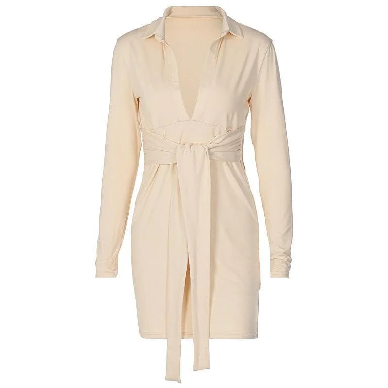 Deep Discounts BerryBetty - Long sleeve deep v neck turnover collar mini dress