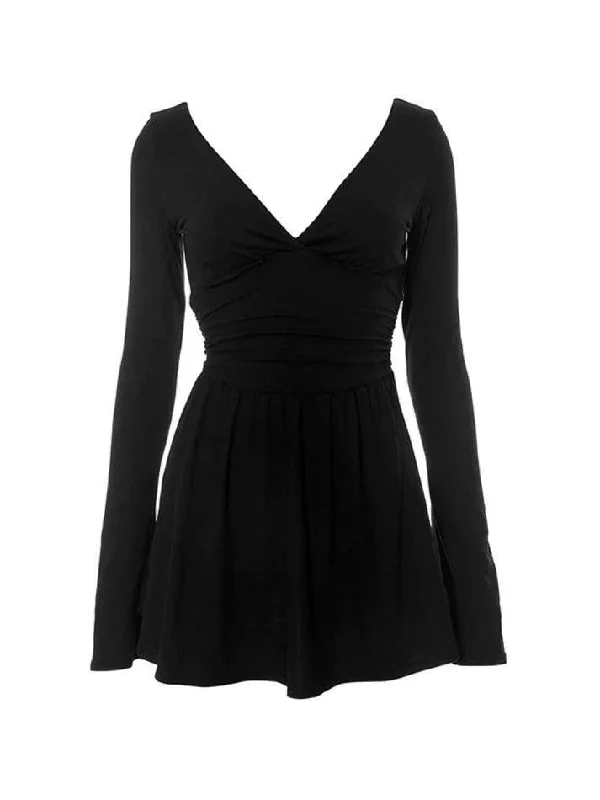 Solid V Neck Mini Dress