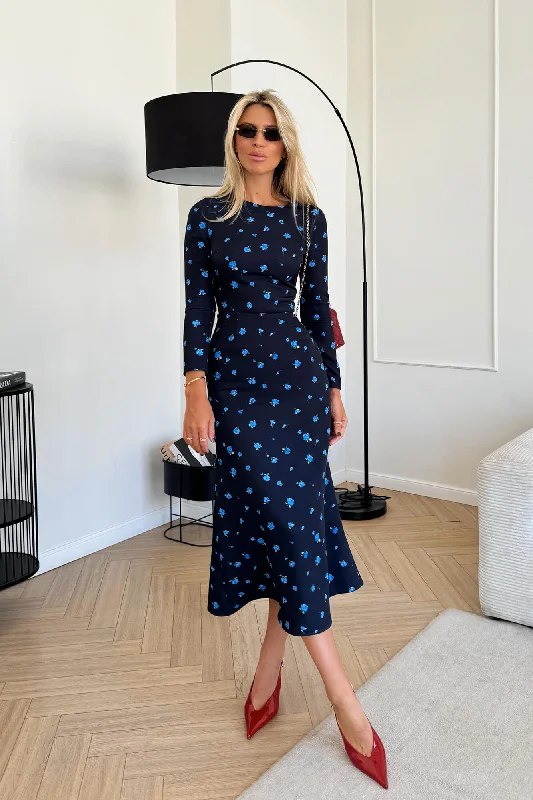 Midnight Sale Godet Silhouette Long Sleeve Floral Midi Dress