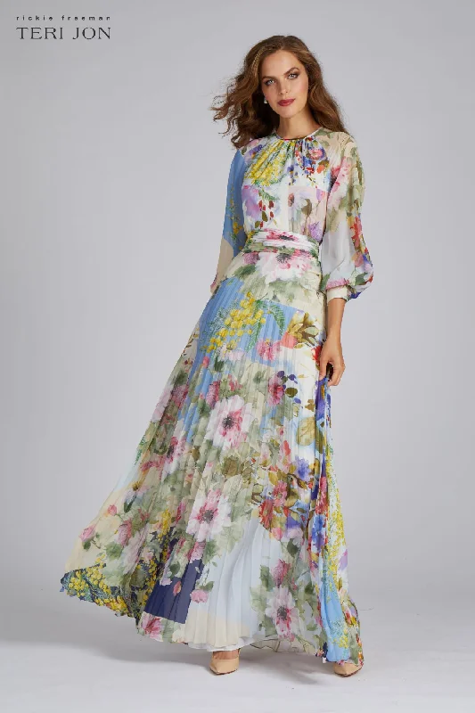 Midnight Madness Patchwork Print Pleated Chiffon Maxi Gown
