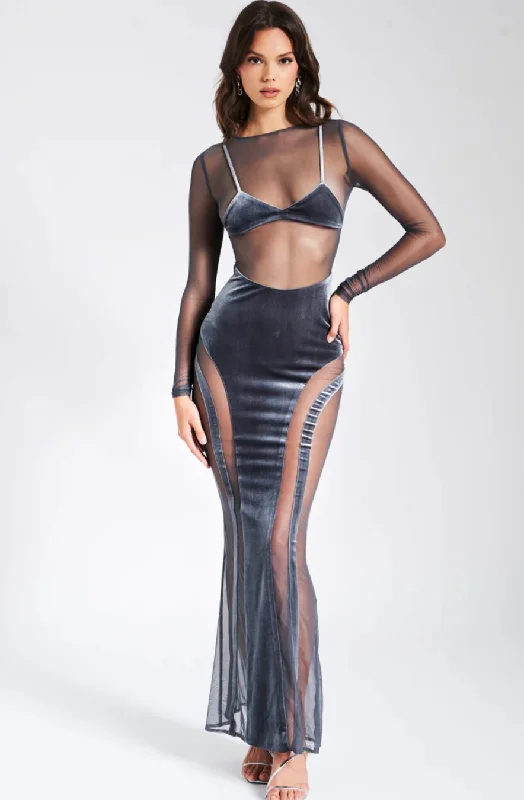 Price Drop SHANNON GREY VELVET MESH MAXI DRESS