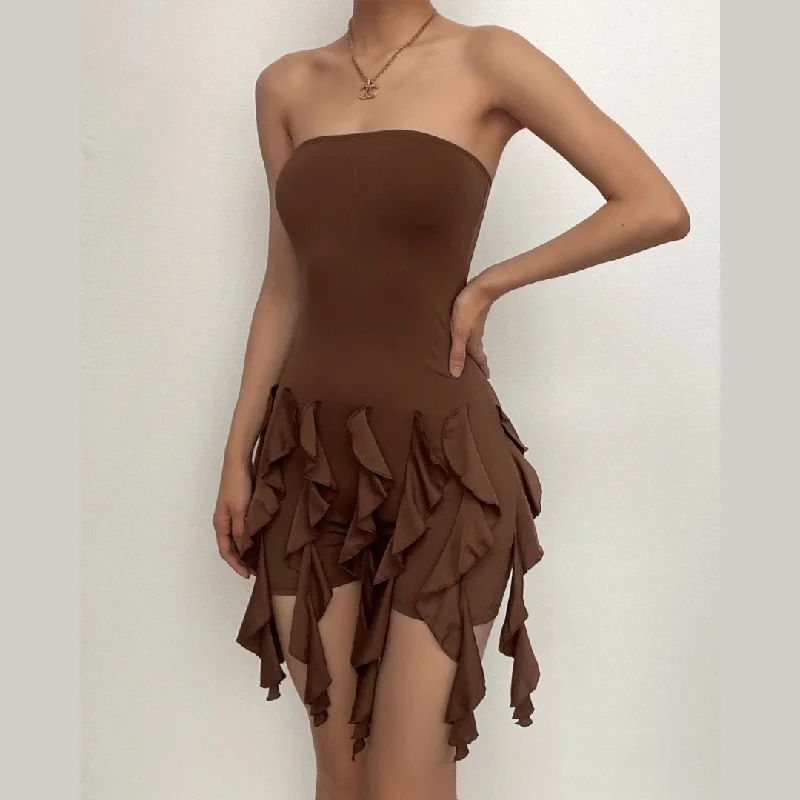 Final Clearance BerryBetty - Ruffle solid ribbon backless tube romper