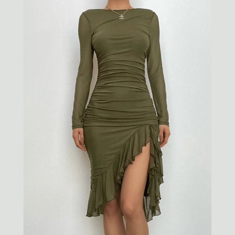 Clearance Sale BerryBetty - Mesh ruched zip-up long sleeve backless ruffle midi dress