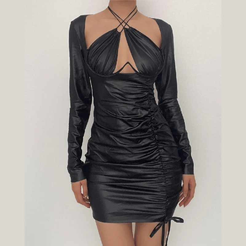 Today Only BerryBetty - Drawstring solid long sleeve cross front halter low cut mini dress