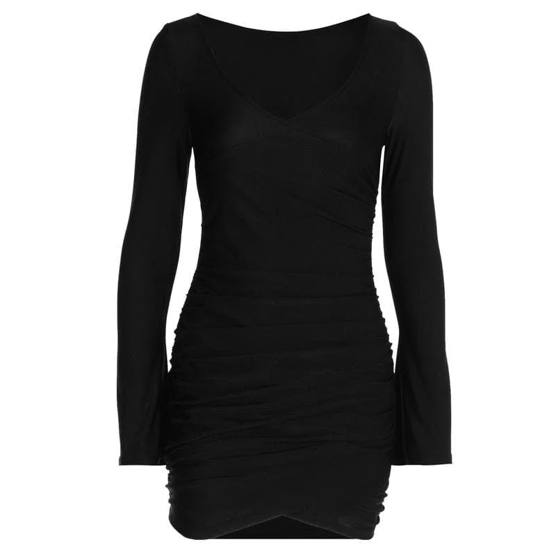 Inventory Reduction BerryBetty - Ruched solid long sleeve v neck mini dress